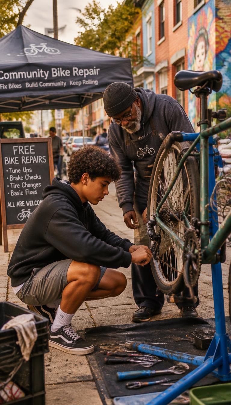A teenager fixing a bicycle chain while an older mentor watches at a sidewalk repair tent.