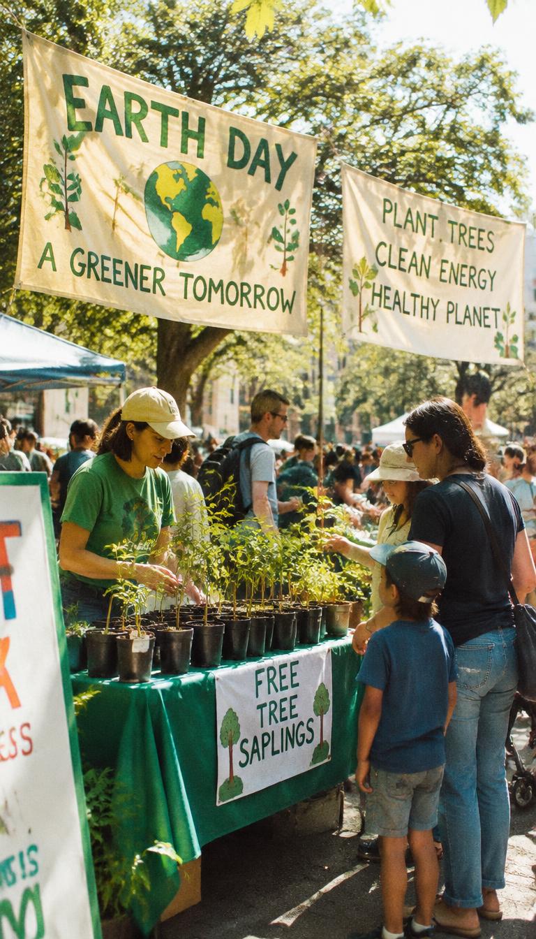 Families at an Earth Day street festival table giving away tree saplings under hand-painted banners.