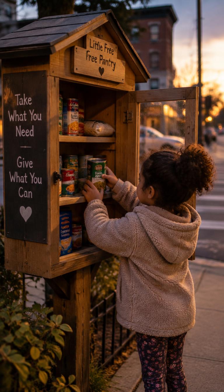 A child placing a can of food into a wooden little free pantry on a street corner at dusk.